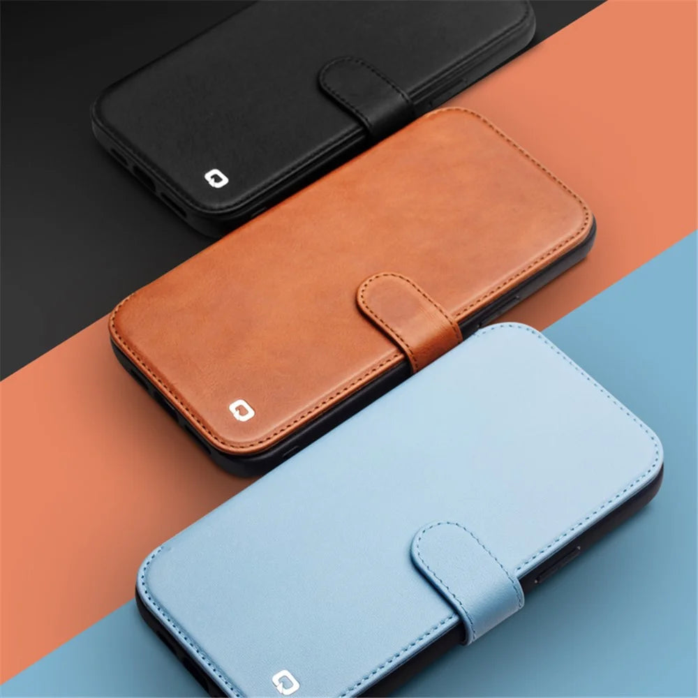 QIALINO Business Style Genuine Cowhide Leather Wallet Cover Magnetic Clasp Phone Case for iPhone 13 Pro 6.1 inch - Blue - 6