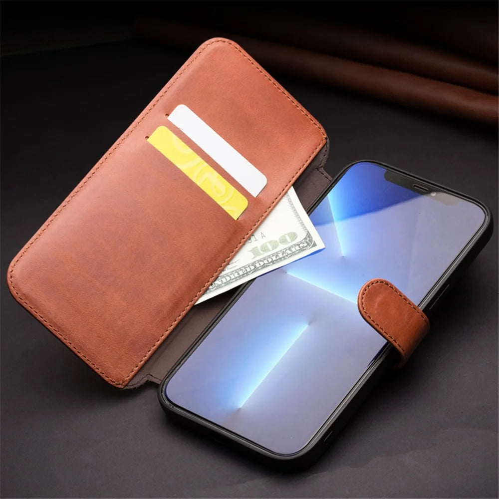 QIALINO Business Style Genuine Cowhide Leather Wallet Cover Magnetic Clasp Phone Case for iPhone 13 Pro 6.1 inch - Blue - 7