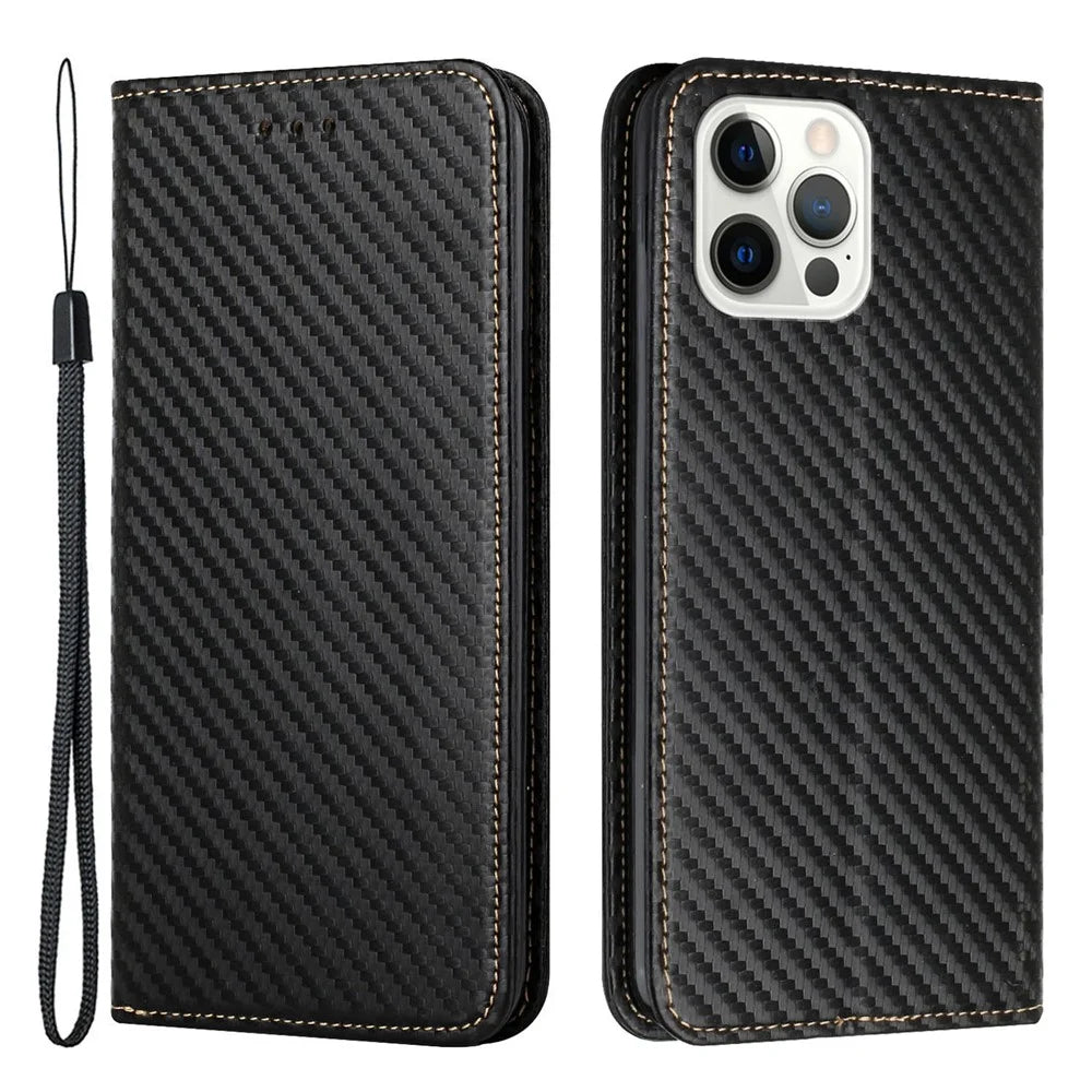 Carbon Fiber Texture Stand Function Auto Closing Magnetic Leather Case with Wallet for iPhone 12/12 Pro 6.1 inch - Black - 1