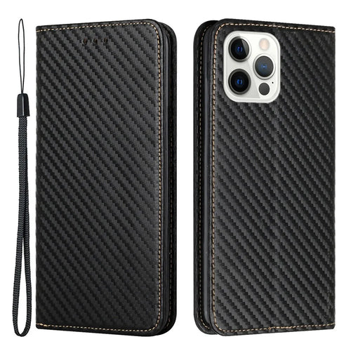 Carbon Fiber Texture Stand Function Auto Closing Magnetic Leather Case with Wallet for iPhone 12/12 Pro 6.1 inch - Black - 1