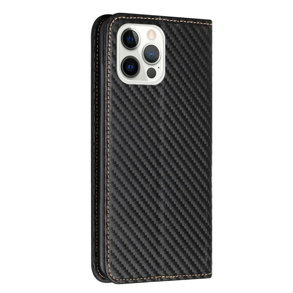 Carbon Fiber Texture Stand Function Auto Closing Magnetic Leather Case with Wallet for iPhone 12/12 Pro 6.1 inch - Black - 3