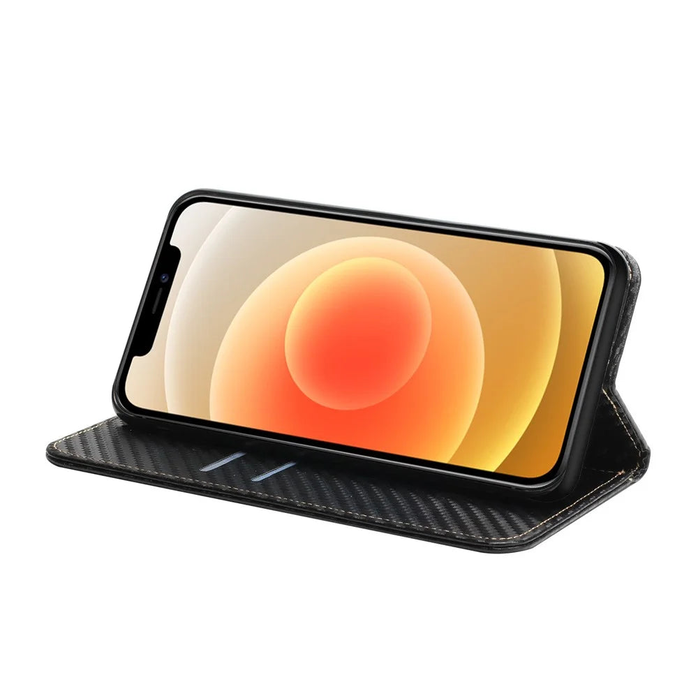 Carbon Fiber Texture Stand Function Auto Closing Magnetic Leather Case with Wallet for iPhone 12/12 Pro 6.1 inch - Black - 4