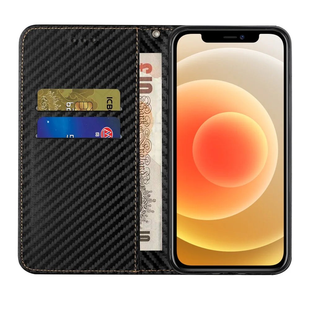 Carbon Fiber Texture Stand Function Auto Closing Magnetic Leather Case with Wallet for iPhone 12/12 Pro 6.1 inch - Black - 5