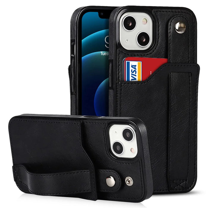 Hand Strap Kickstand Card Slot Design RFID Blocking Function PU Leather Coated TPU Phone Case for iPhone 13 mini 5.4 inch - Black - 1