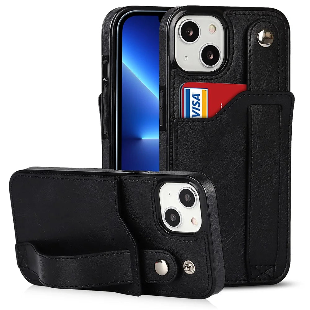 For iPhone 13 / 14 RFID Blocking Hand Strap Kickstand PU Leather Coated TPU Cover with Card Slot - Black - 1