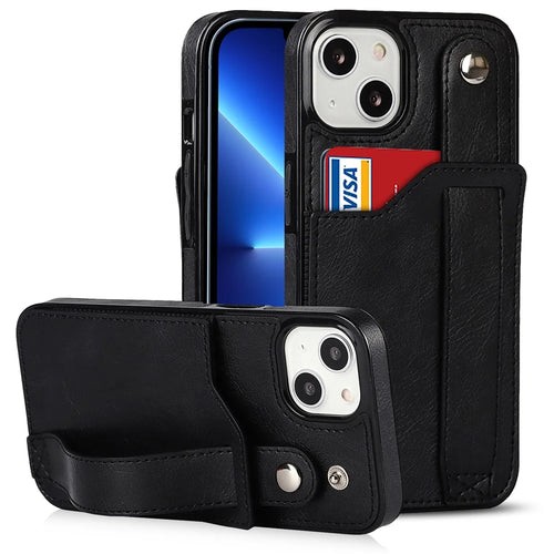 For iPhone 13 / 14 RFID Blocking Hand Strap Kickstand PU Leather Coated TPU Cover with Card Slot - Black - 1