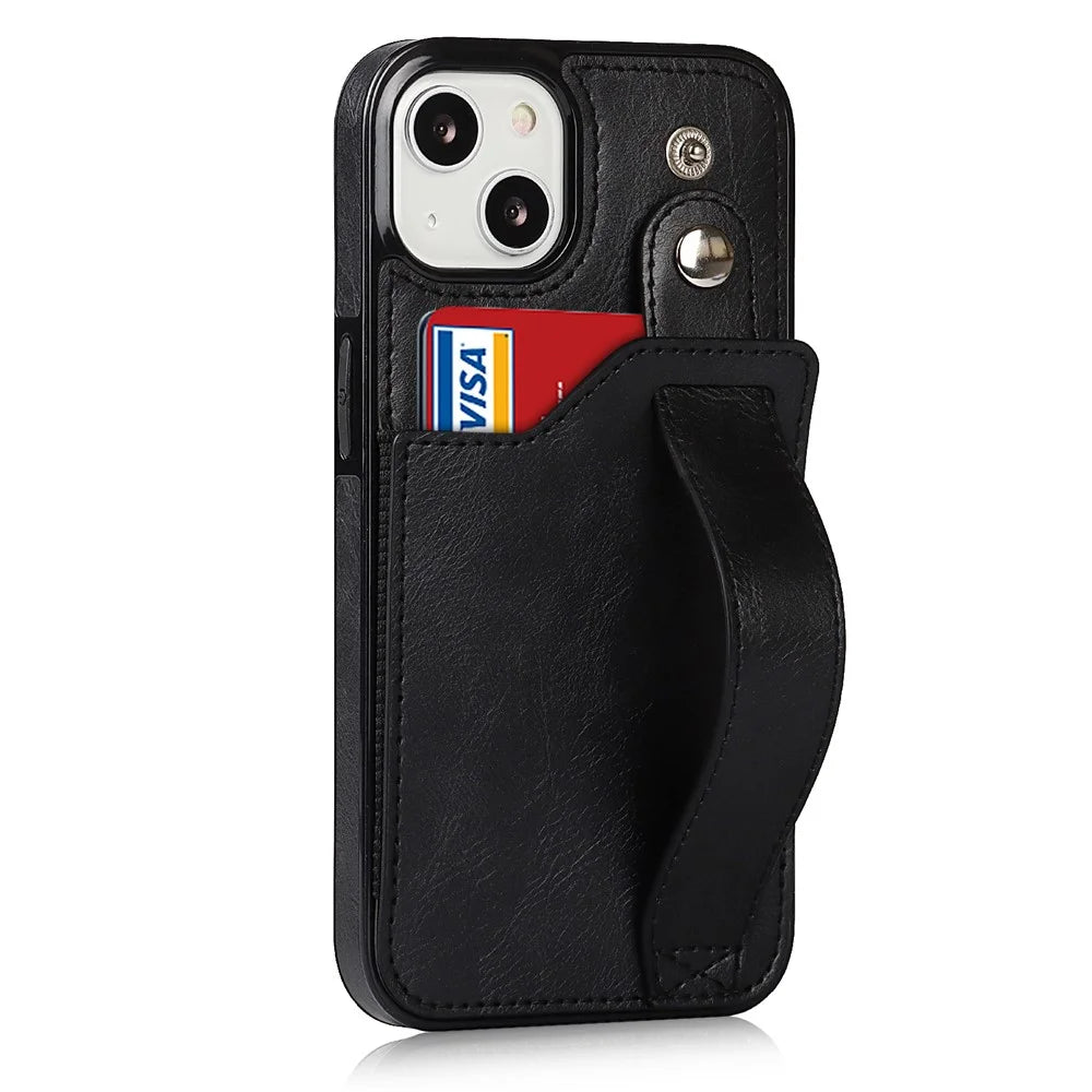 For iPhone 13 / 14 RFID Blocking Hand Strap Kickstand PU Leather Coated TPU Cover with Card Slot - Black - 3