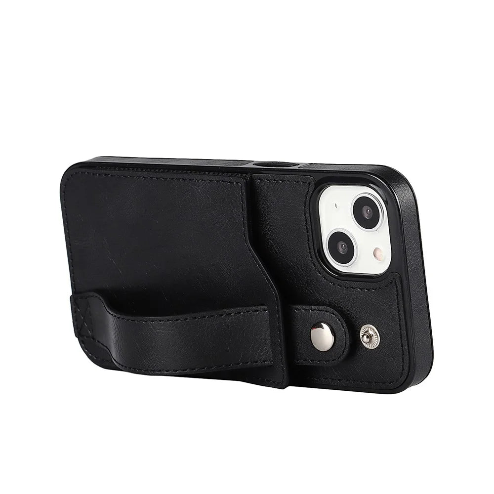 For iPhone 13 / 14 RFID Blocking Hand Strap Kickstand PU Leather Coated TPU Cover with Card Slot - Black - 4