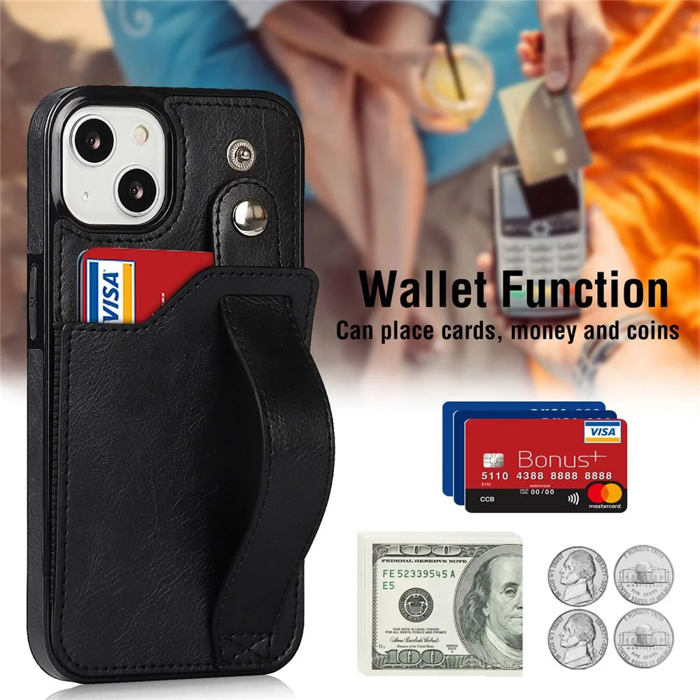 For iPhone 13 / 14 RFID Blocking Hand Strap Kickstand PU Leather Coated TPU Cover with Card Slot - Black - 7
