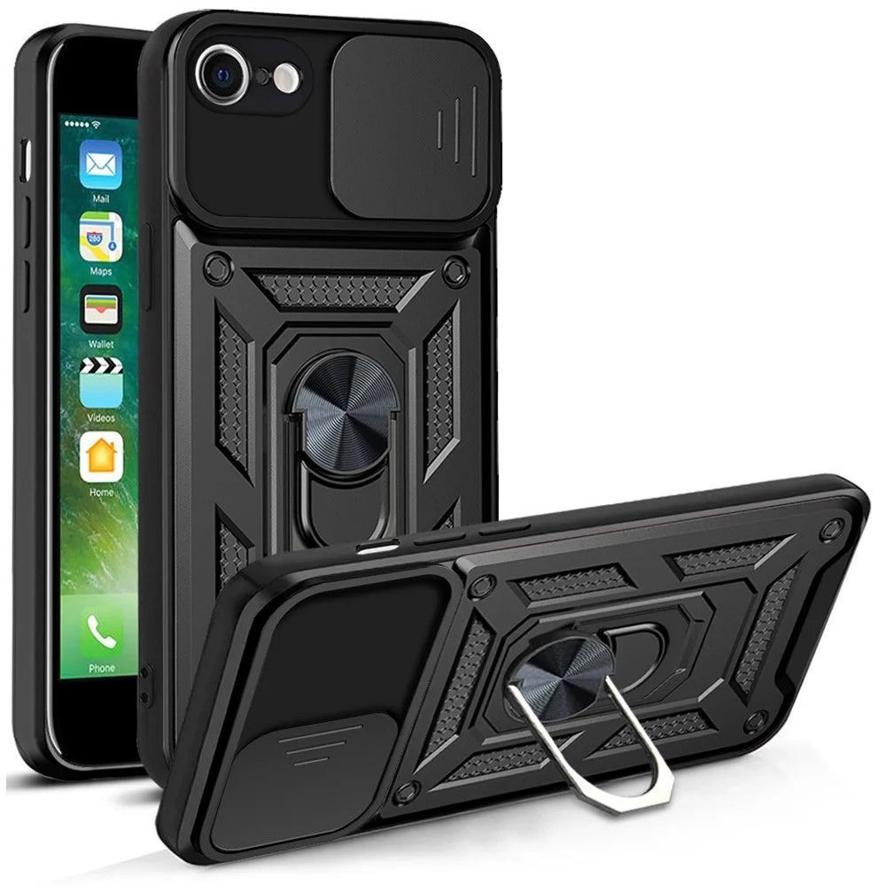 Camera Slide Cover Ring Holder Kickstand Design PC + TPU Drop-proof Phone Cover Case for iPhone SE (2022)/SE (2020)/8/7 - Black - 1