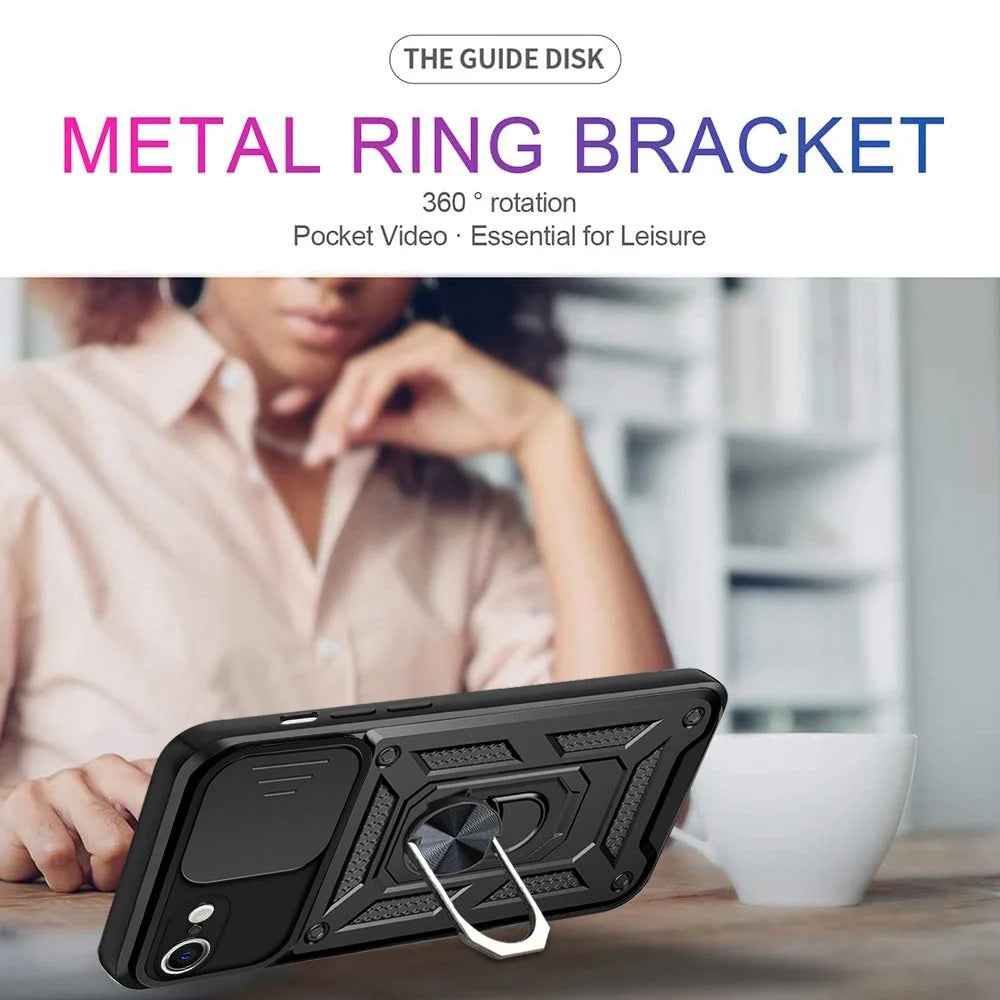 Camera Slide Cover Ring Holder Kickstand Design PC + TPU Drop-proof Phone Cover Case for iPhone SE (2022)/SE (2020)/8/7 - Black - 2