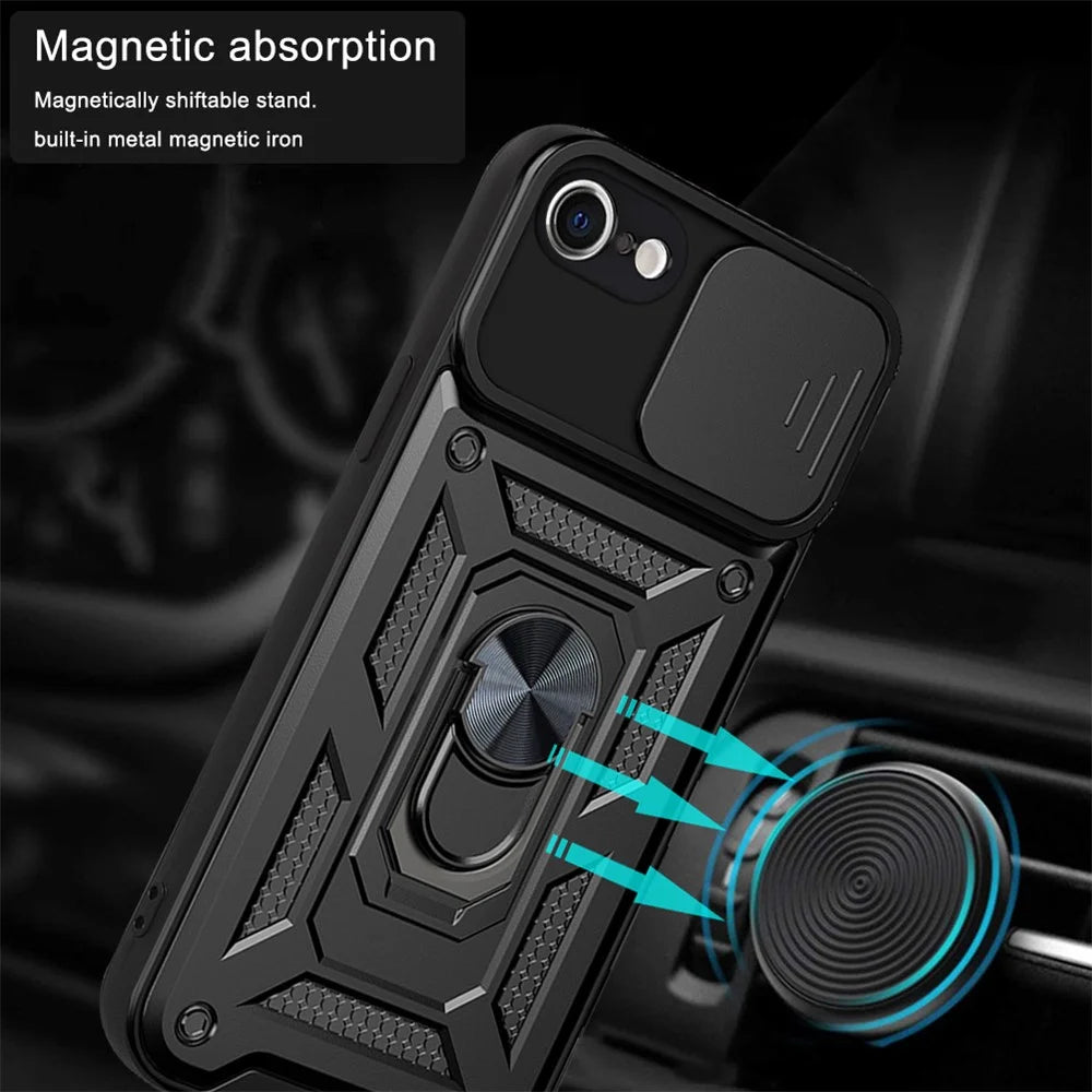 Camera Slide Cover Ring Holder Kickstand Design PC + TPU Drop-proof Phone Cover Case for iPhone SE (2022)/SE (2020)/8/7 - Black - 3