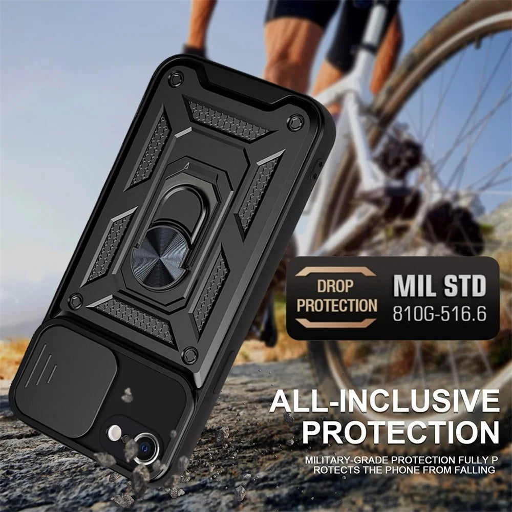 Camera Slide Cover Ring Holder Kickstand Design PC + TPU Drop-proof Phone Cover Case for iPhone SE (2022)/SE (2020)/8/7 - Black - 4