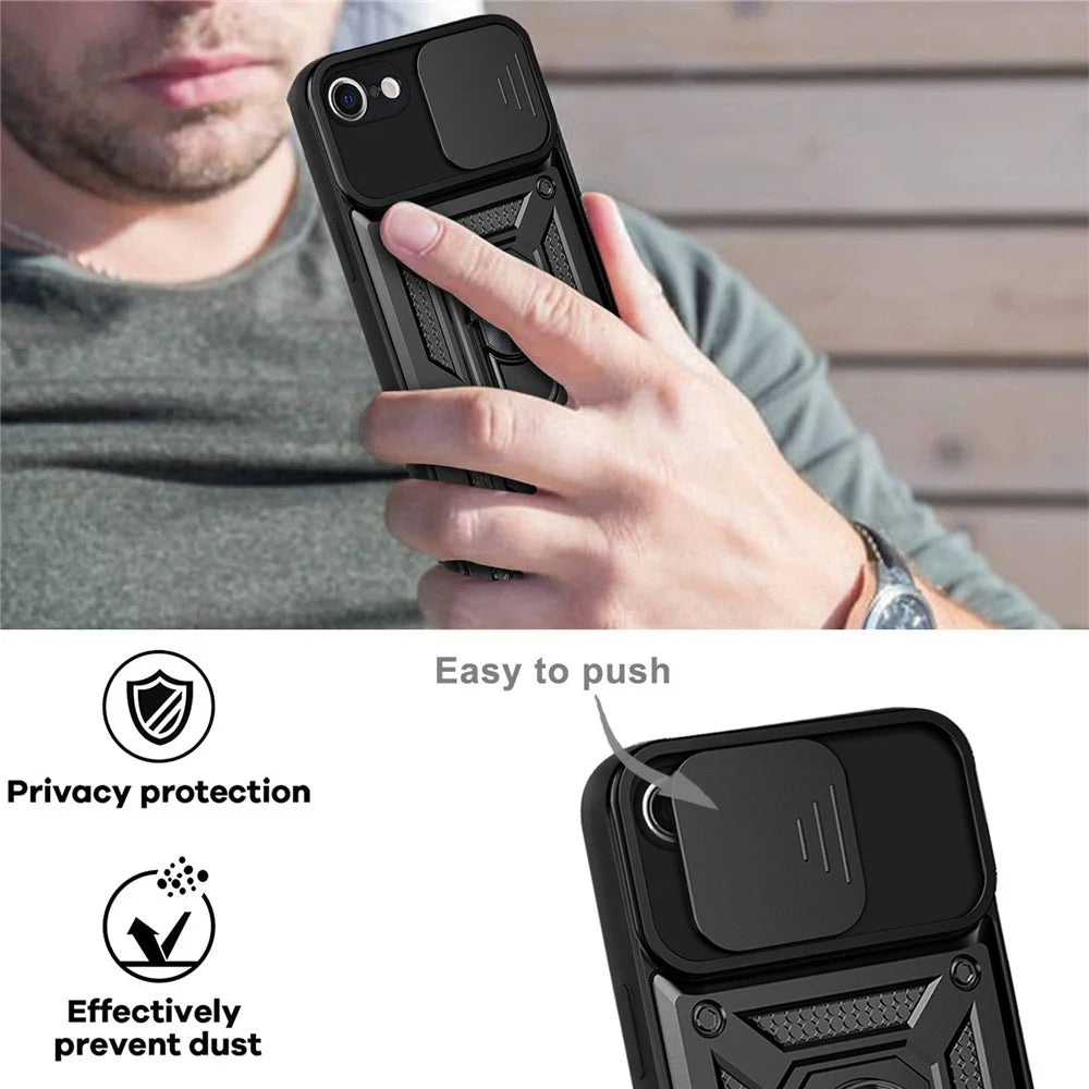Camera Slide Cover Ring Holder Kickstand Design PC + TPU Drop-proof Phone Cover Case for iPhone SE (2022)/SE (2020)/8/7 - Black - 5