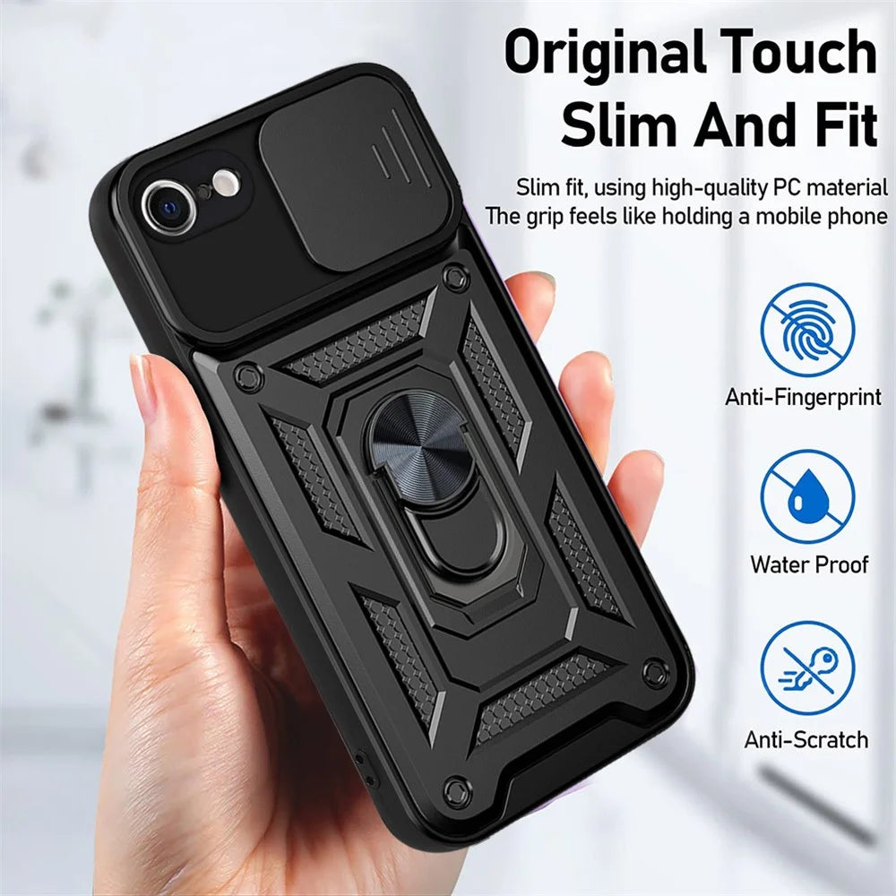 Camera Slide Cover Ring Holder Kickstand Design PC + TPU Drop-proof Phone Cover Case for iPhone SE (2022)/SE (2020)/8/7 - Black - 6