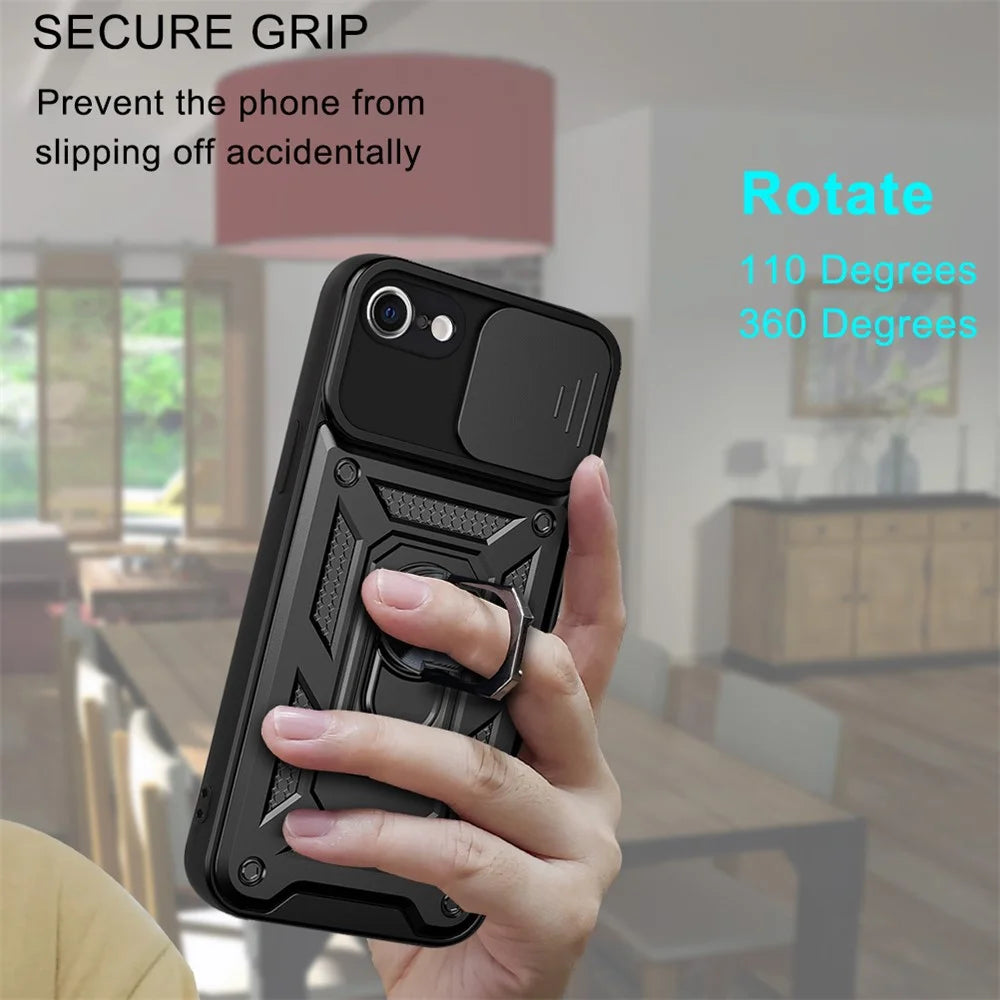 Camera Slide Cover Ring Holder Kickstand Design PC + TPU Drop-proof Phone Cover Case for iPhone SE (2022)/SE (2020)/8/7 - Black - 7