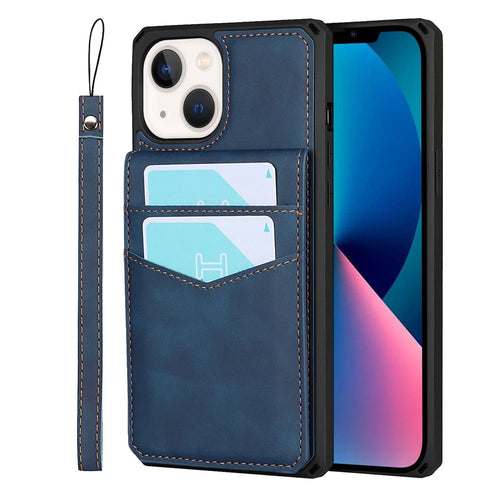 Vertical Flip Card Slots Design Wrist Strap Skin-Touch PU Leather Coated TPU Phone Case with Kickstand for iPhone 13 mini 5.4 inch - Blue - 1