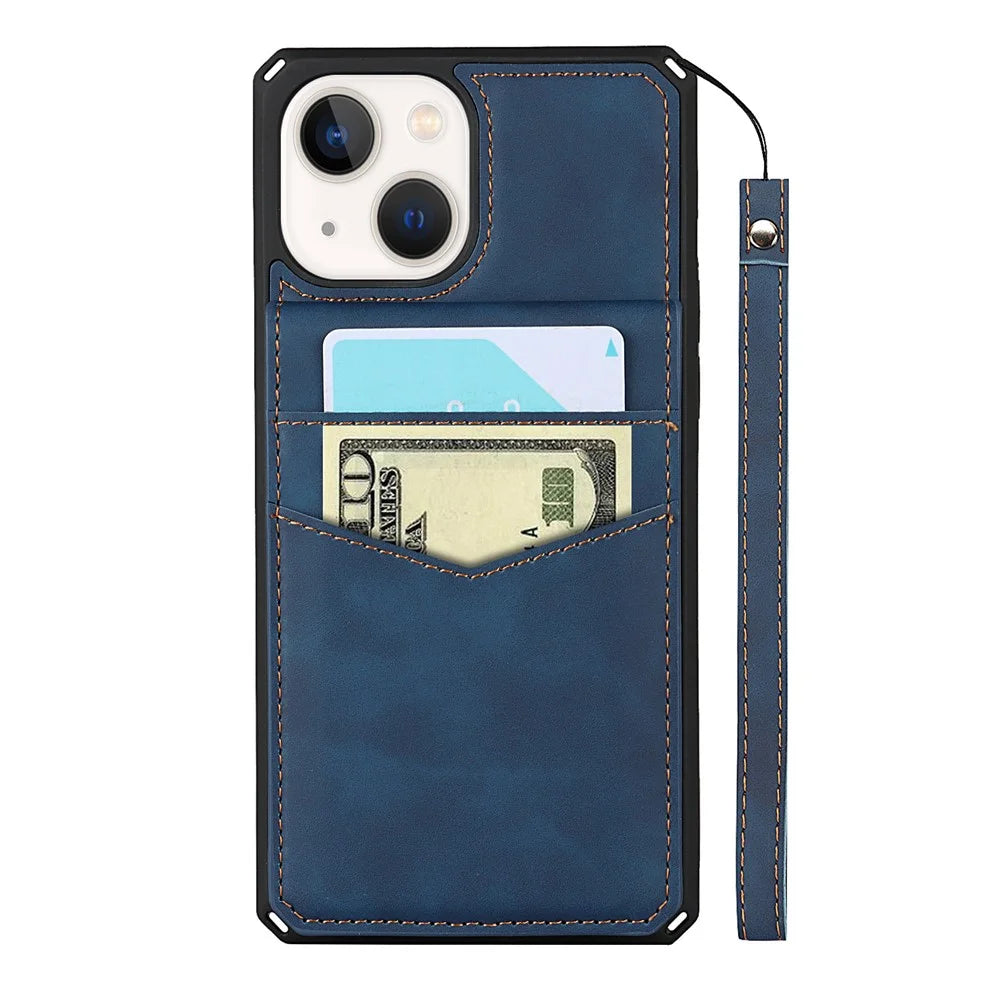 Vertical Flip Card Slots Design Wrist Strap Skin-Touch PU Leather Coated TPU Phone Case with Kickstand for iPhone 13 mini 5.4 inch - Blue - 2