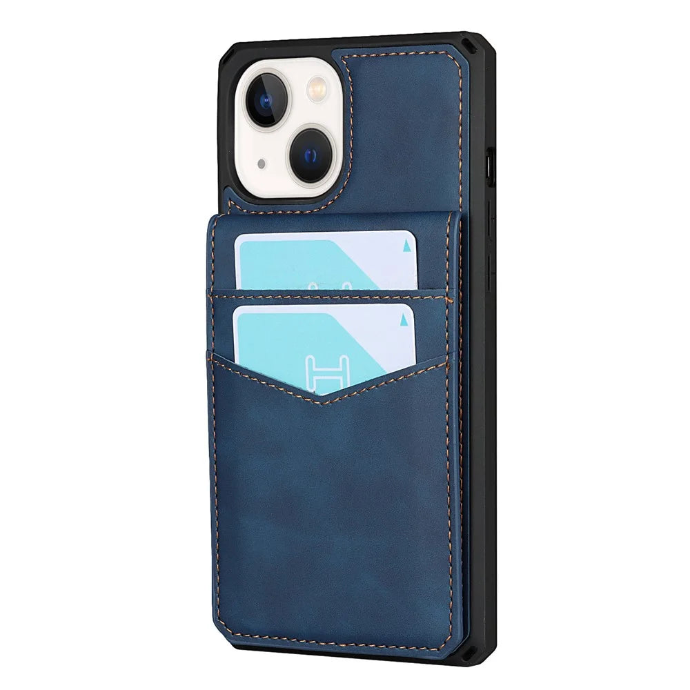 Vertical Flip Card Slots Design Wrist Strap Skin-Touch PU Leather Coated TPU Phone Case with Kickstand for iPhone 13 mini 5.4 inch - Blue - 3