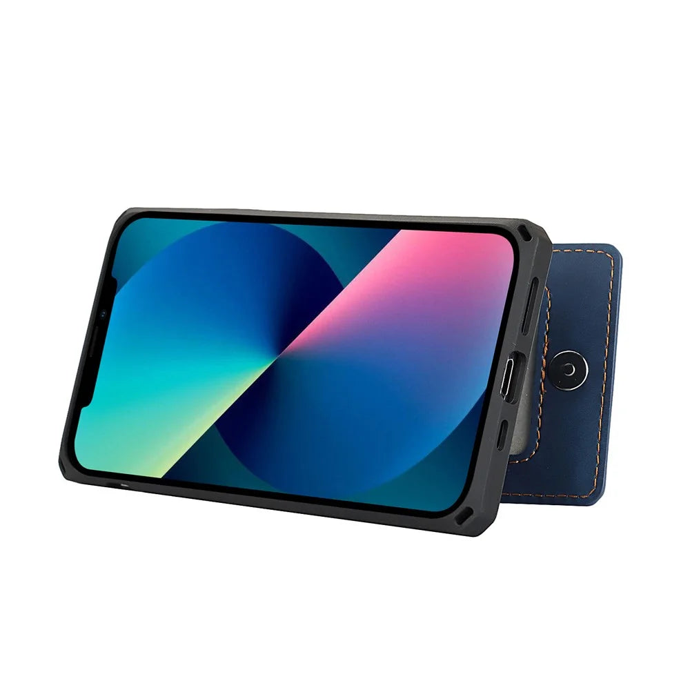 Vertical Flip Card Slots Design Wrist Strap Skin-Touch PU Leather Coated TPU Phone Case with Kickstand for iPhone 13 mini 5.4 inch - Blue - 5