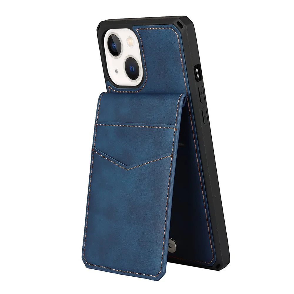 Vertical Flip Card Slots Design Wrist Strap Skin-Touch PU Leather Coated TPU Phone Case with Kickstand for iPhone 13 mini 5.4 inch - Blue - 6