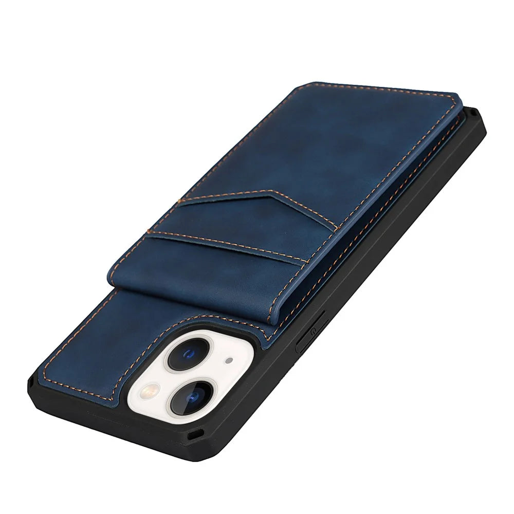 Vertical Flip Card Slots Design Wrist Strap Skin-Touch PU Leather Coated TPU Phone Case with Kickstand for iPhone 13 mini 5.4 inch - Blue - 7