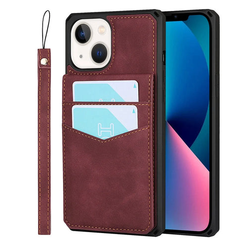 Vertical Flip Card Slots Design Anti-scratch Skin-touch PU Leather Coated TPU Phone Case with Kickstand for iPhone 13 6.1 inch - Red - 1