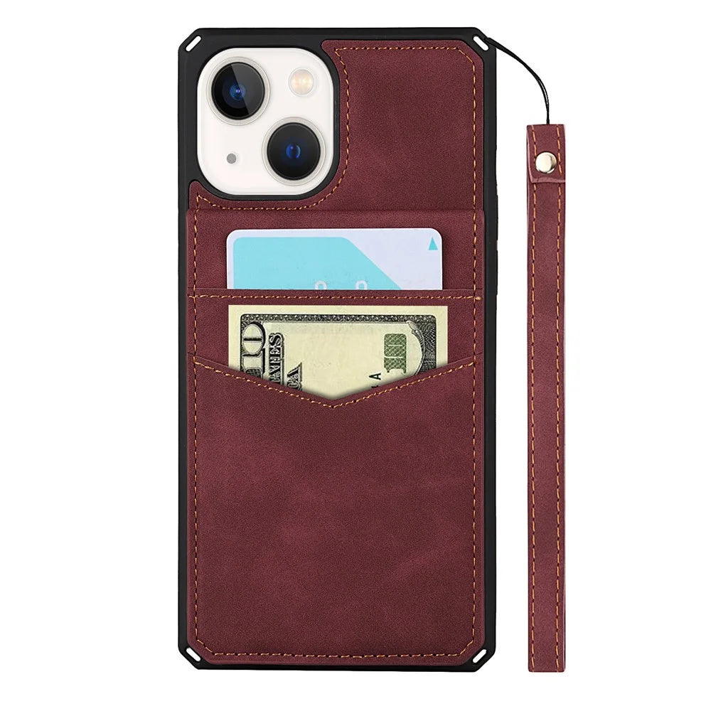 Vertical Flip Card Slots Design Anti-scratch Skin-touch PU Leather Coated TPU Phone Case with Kickstand for iPhone 13 6.1 inch - Red - 2