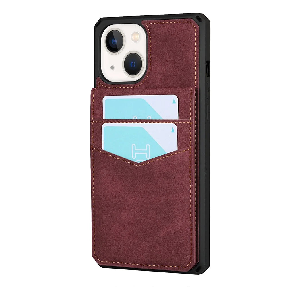 Vertical Flip Card Slots Design Anti-scratch Skin-touch PU Leather Coated TPU Phone Case with Kickstand for iPhone 13 6.1 inch - Red - 3