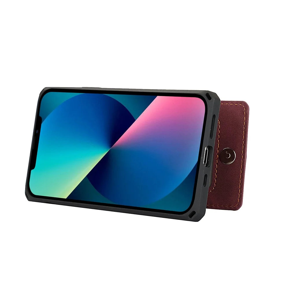 Vertical Flip Card Slots Design Anti-scratch Skin-touch PU Leather Coated TPU Phone Case with Kickstand for iPhone 13 6.1 inch - Red - 4