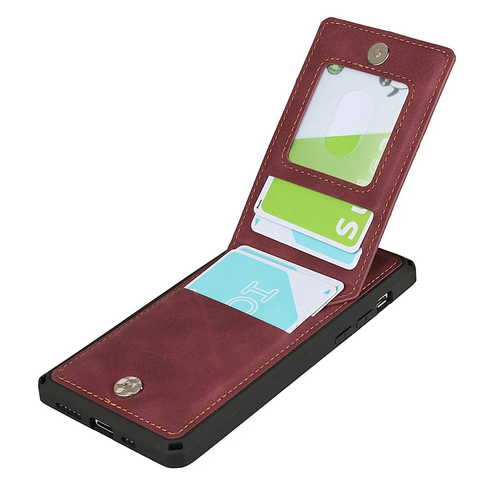Vertical Flip Card Slots Design Anti-scratch Skin-touch PU Leather Coated TPU Phone Case with Kickstand for iPhone 13 6.1 inch - Red - 5