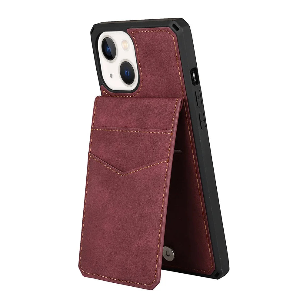 Vertical Flip Card Slots Design Anti-scratch Skin-touch PU Leather Coated TPU Phone Case with Kickstand for iPhone 13 6.1 inch - Red - 6