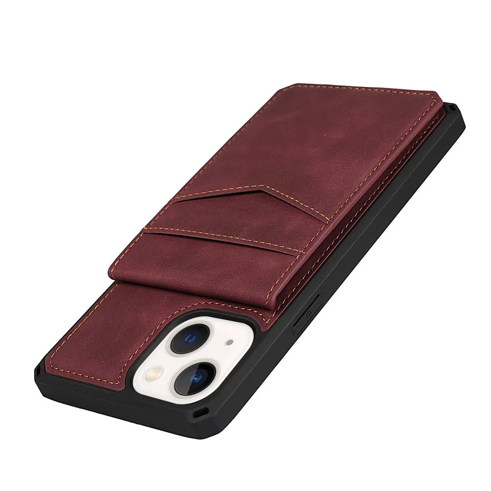 Vertical Flip Card Slots Design Anti-scratch Skin-touch PU Leather Coated TPU Phone Case with Kickstand for iPhone 13 6.1 inch - Red - 7