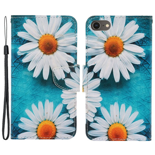 Stylish Pattern Printing PU Leather Wallet Case Magnetic Flip Stand Folio Cover with Strap for iPhone SE (2022)/SE (2020)/8/7 - Daisies - 1