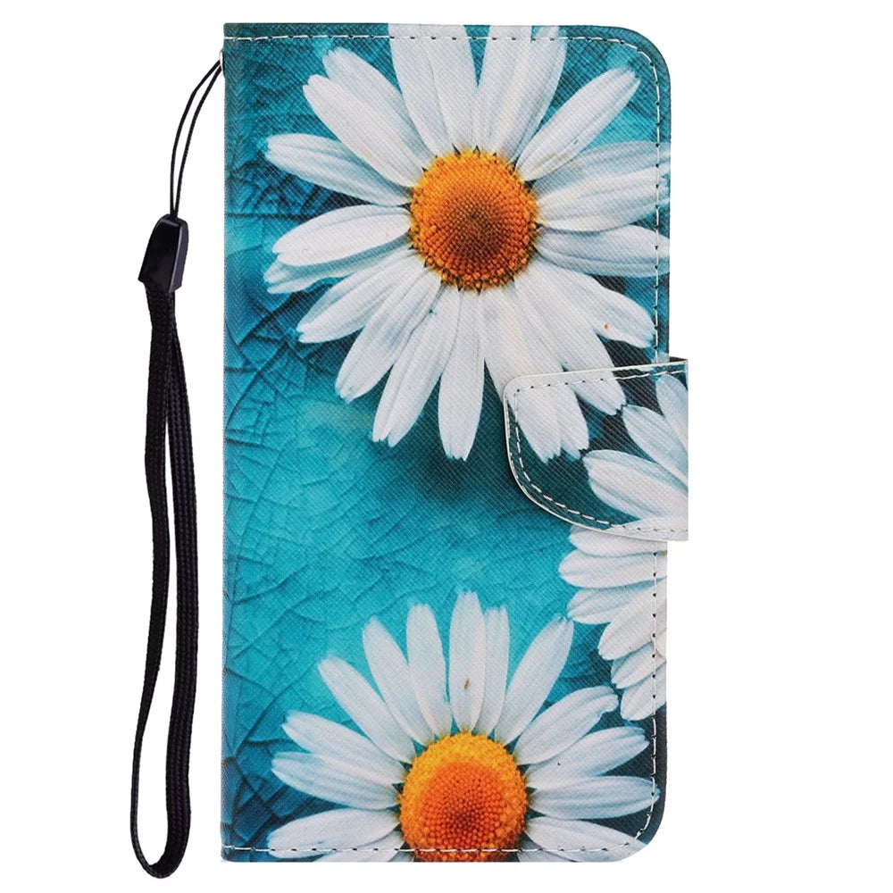 Stylish Pattern Printing PU Leather Wallet Case Magnetic Flip Stand Folio Cover with Strap for iPhone SE (2022)/SE (2020)/8/7 - Daisies - 2