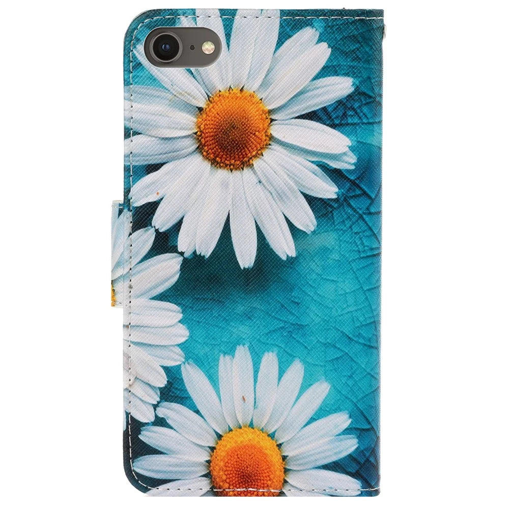 Stylish Pattern Printing PU Leather Wallet Case Magnetic Flip Stand Folio Cover with Strap for iPhone SE (2022)/SE (2020)/8/7 - Daisies - 3