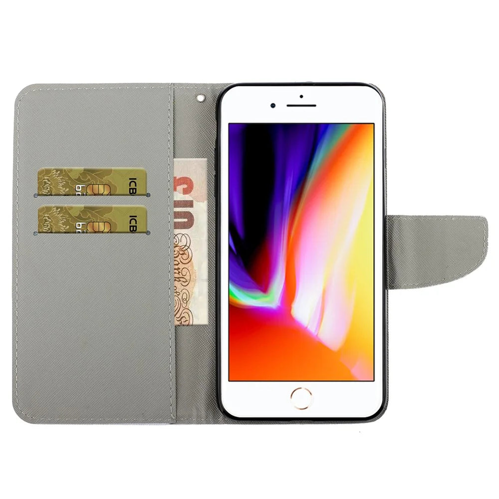 Stylish Pattern Printing PU Leather Wallet Case Magnetic Flip Stand Folio Cover with Strap for iPhone SE (2022)/SE (2020)/8/7 - Daisies - 5