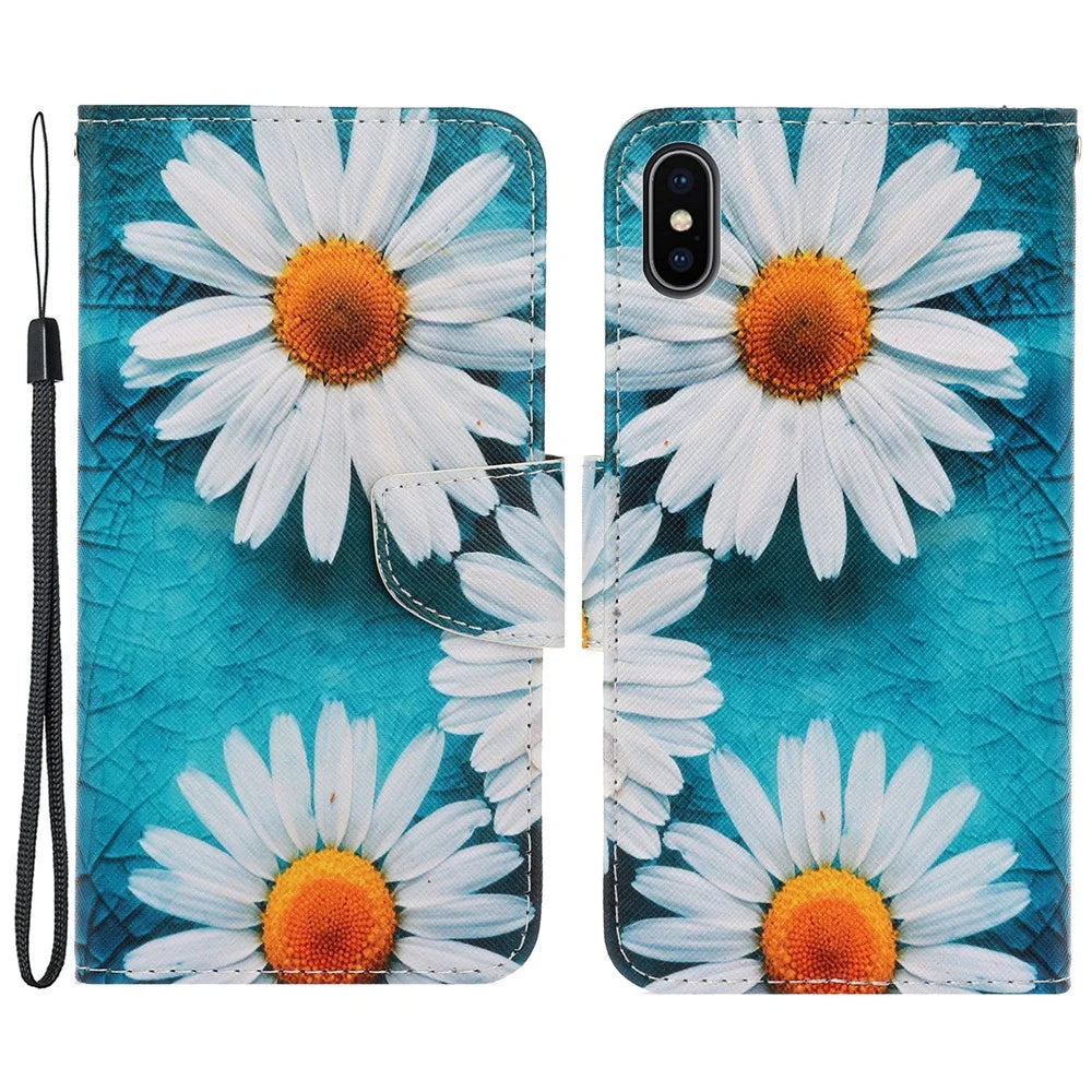 Wallet Stylish Pattern Printing PU Leather Case Magnetic Flip Stand Folio Cover with Strap for iPhone X/XS 5.8 inch - Daisies - 1