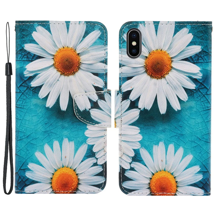 Wallet Stylish Pattern Printing PU Leather Case Magnetic Flip Stand Folio Cover with Strap for iPhone X/XS 5.8 inch - Daisies - 1