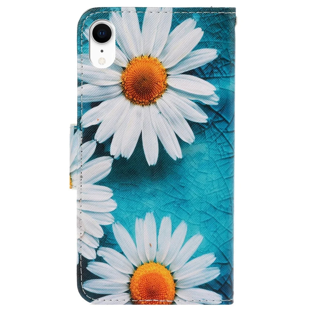 For iPhone XR 6.1 inch Phone Case Stylish Pattern Printing PU Leather Wallet Strong Magnetic Flip Stand Folio Phone Cover with Strap - Daisies - 3