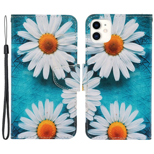 Wrist Strap Pattern Printing PU Leather Wallet Case Magnetic Flip Stand Folio Cover for iPhone 11 6.1 inch - Daisies - 1
