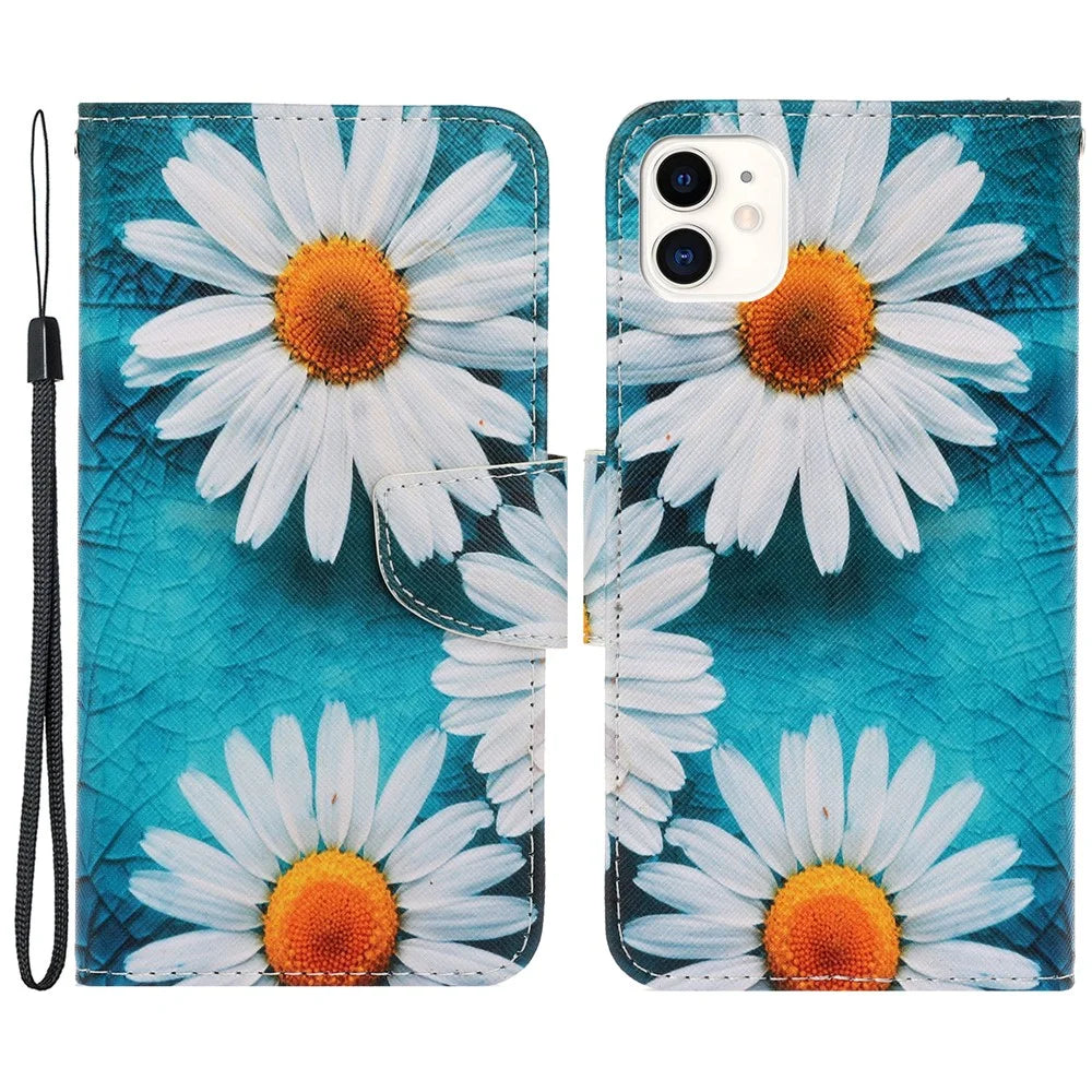 Wrist Strap Pattern Printing PU Leather Wallet Case Magnetic Flip Stand Folio Cover for iPhone 11 6.1 inch - Daisies - 1