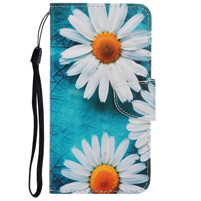 Wrist Strap Pattern Printing PU Leather Wallet Case Magnetic Flip Stand Folio Cover for iPhone 11 6.1 inch - Daisies - 2