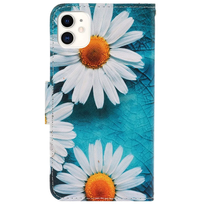 Wrist Strap Pattern Printing PU Leather Wallet Case Magnetic Flip Stand Folio Cover for iPhone 11 6.1 inch - Daisies - 3