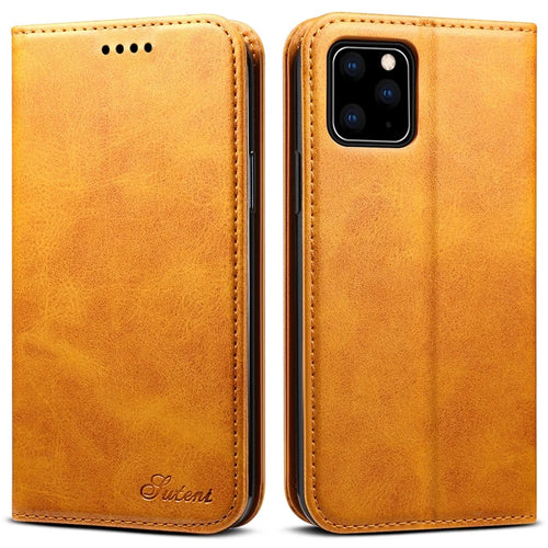 SUTENI Shockproof Drop-proof Textured Surface Magnetic Automatic Closing Wallet Flip Leather Case with Stand for iPhone 11 Pro Max 6.5 inch - Khaki - 1
