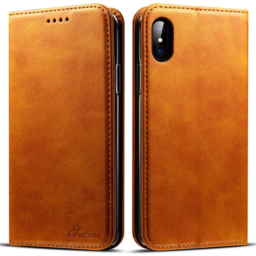 SUTENI Folio Flip Textured Surface Magnetic Automatic Closing Wallet Leather Protective Case with Stand for iPhone X/XS 5.8 inch - Khaki - 1