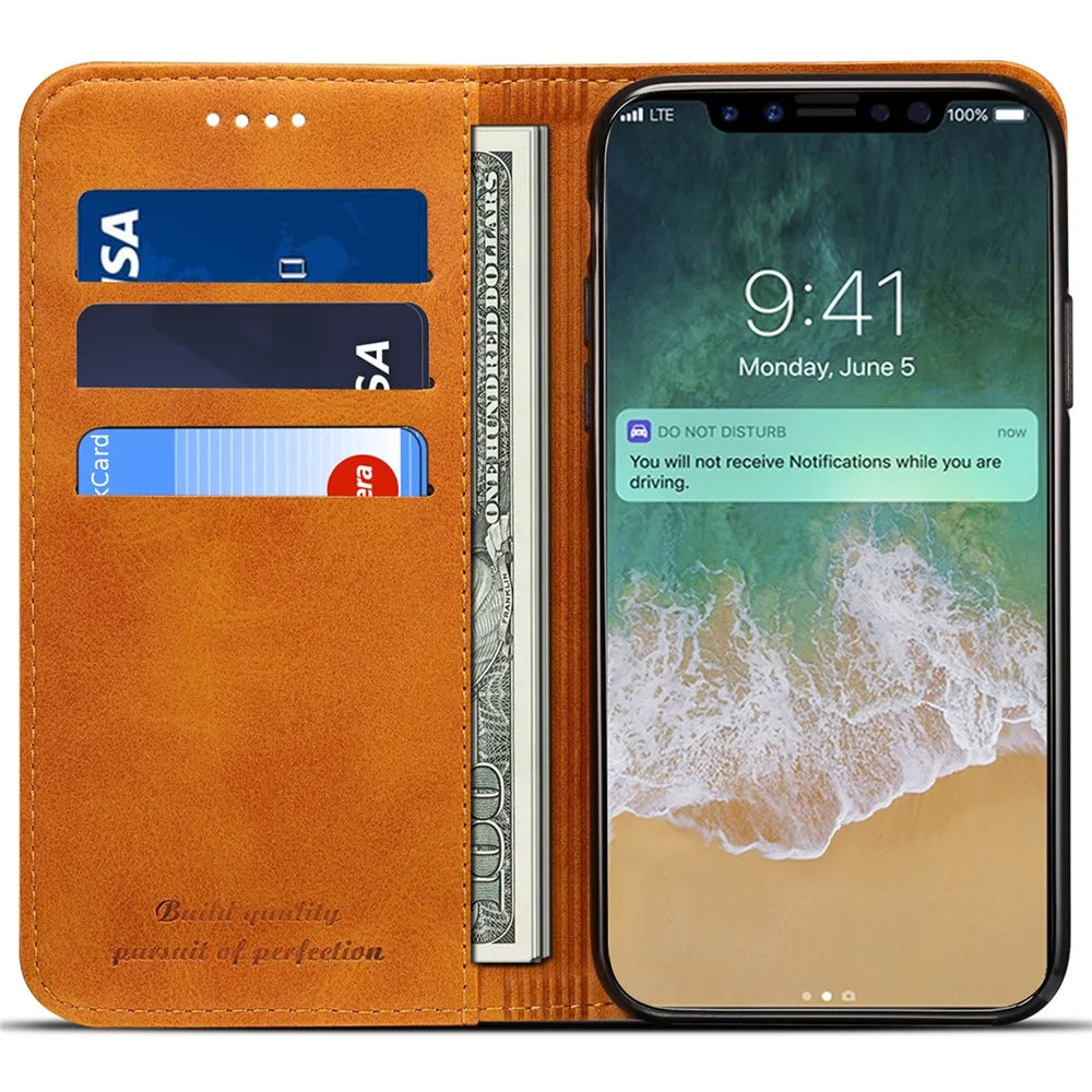 SUTENI Folio Flip Textured Surface Magnetic Automatic Closing Wallet Leather Protective Case with Stand for iPhone X/XS 5.8 inch - Khaki - 6