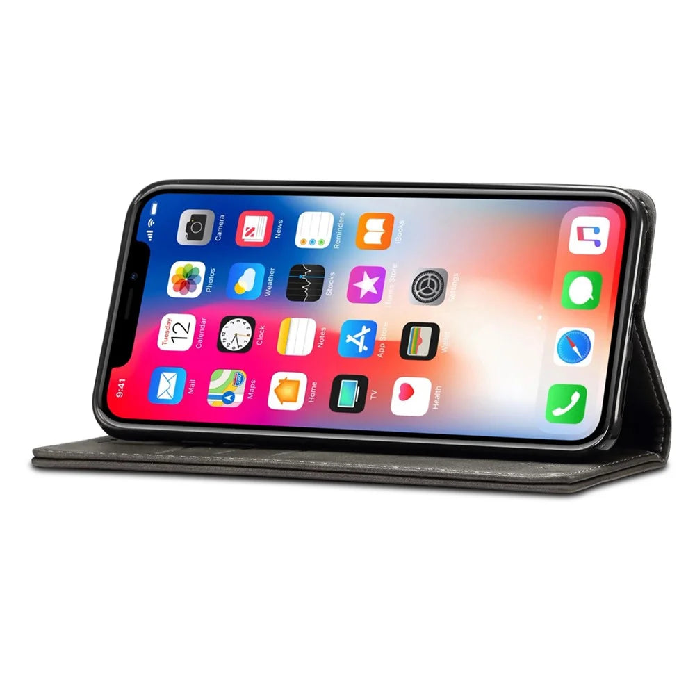 SUTENI Textured Surface Folio Flip Protective Case Wallet Magnetic Automatic Closing Leather Cover with Stand for iPhone XS Max 6.5 inch - Black - 4