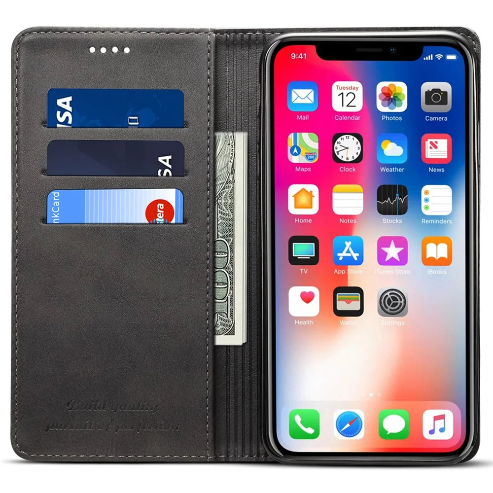SUTENI Textured Surface Folio Flip Protective Case Wallet Magnetic Automatic Closing Leather Cover with Stand for iPhone XS Max 6.5 inch - Black - 6