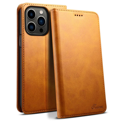 SUTENI Wallet Stand Design Anti-scratch Magnetic Automatic Closing Leather Cover + TPU Inner Case for iPhone 13 Pro Max 6.7 inch - Khaki - 1